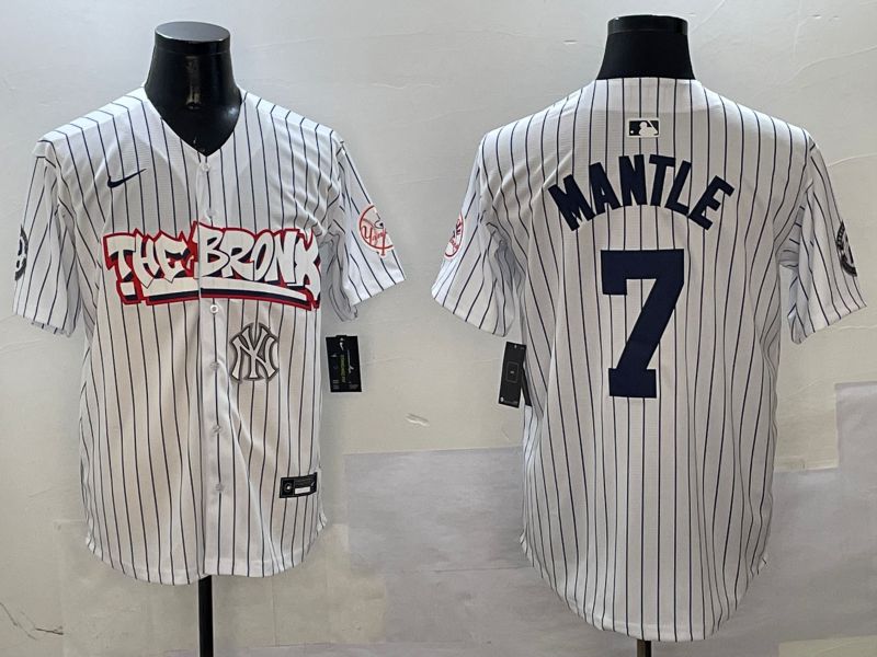 Men New York Yankees #7 Mantle White Stripe four generations Joint Name 2025 Nike MLB Jersey style 8->new york yankees->MLB Jersey